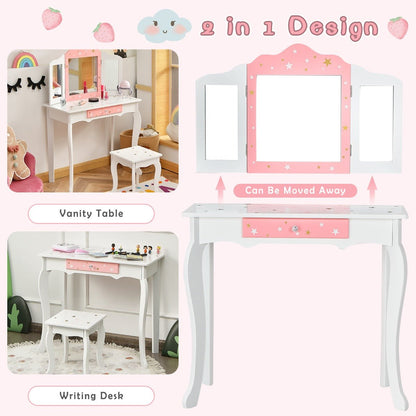 Kids Makeup Table Chair Set - Tri-Fold Mirror Magic for Bedroom Enchantment