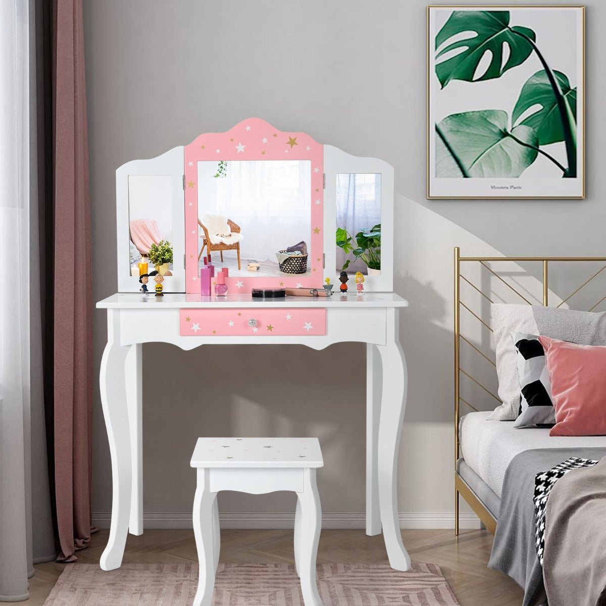 Kids Vanity Set with Tri-Folding Mirror - Bedroom Glamour and Chair Delight