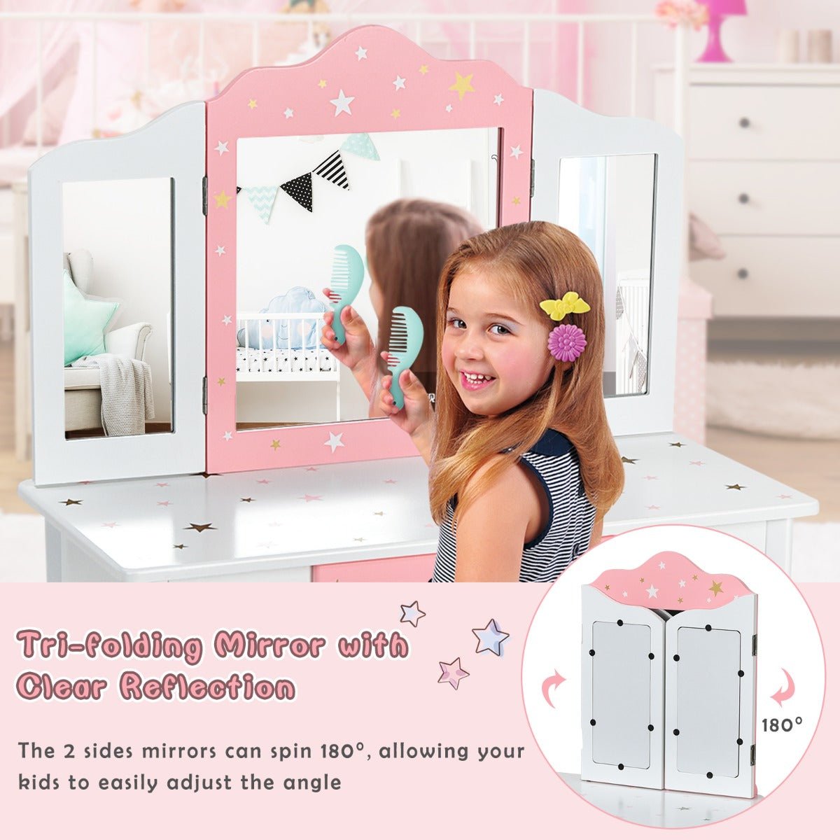 Children's Makeup Table & Chair Set - Tri-Fold Mirror Delight for Bedroom Magic