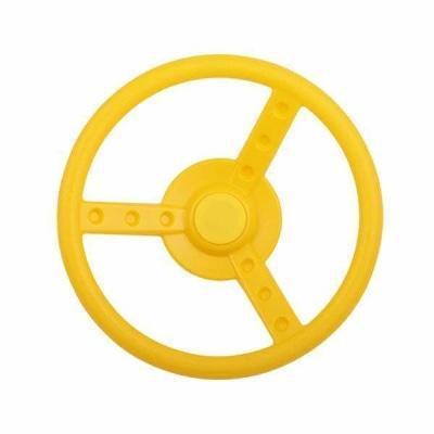 Yellow steering wheel attachment for kids play equipment, enhancing imaginative play at home.