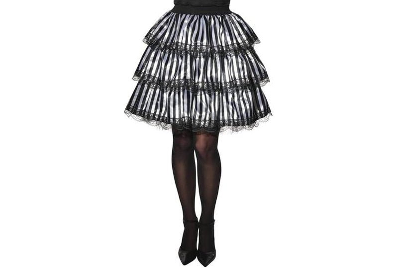 Black and white striped satin ruffle skirt for women, ideal for Halloween festivities.