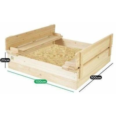 Wooden sandpit with foldable seats for kids, promoting imaginative outdoor play at home.