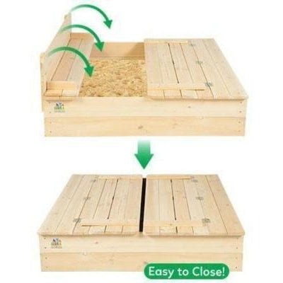 Wooden sandpit with foldable seats, ideal for kids outdoor play and storage. Durable design.