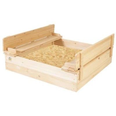 Square wooden sandpit for kids with foldable seats, ideal for outdoor play and fun.