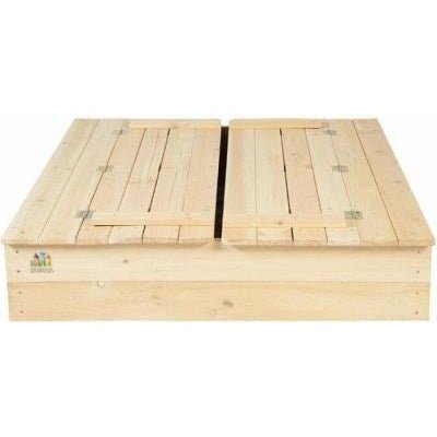 Kids wooden sandpit with foldable seats ideal for outdoor play and imaginative fun.