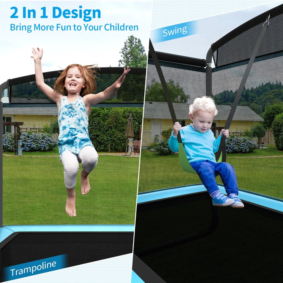 Kids Delight: Sturdy Recreational Trampoline with Swing for Kids Blue