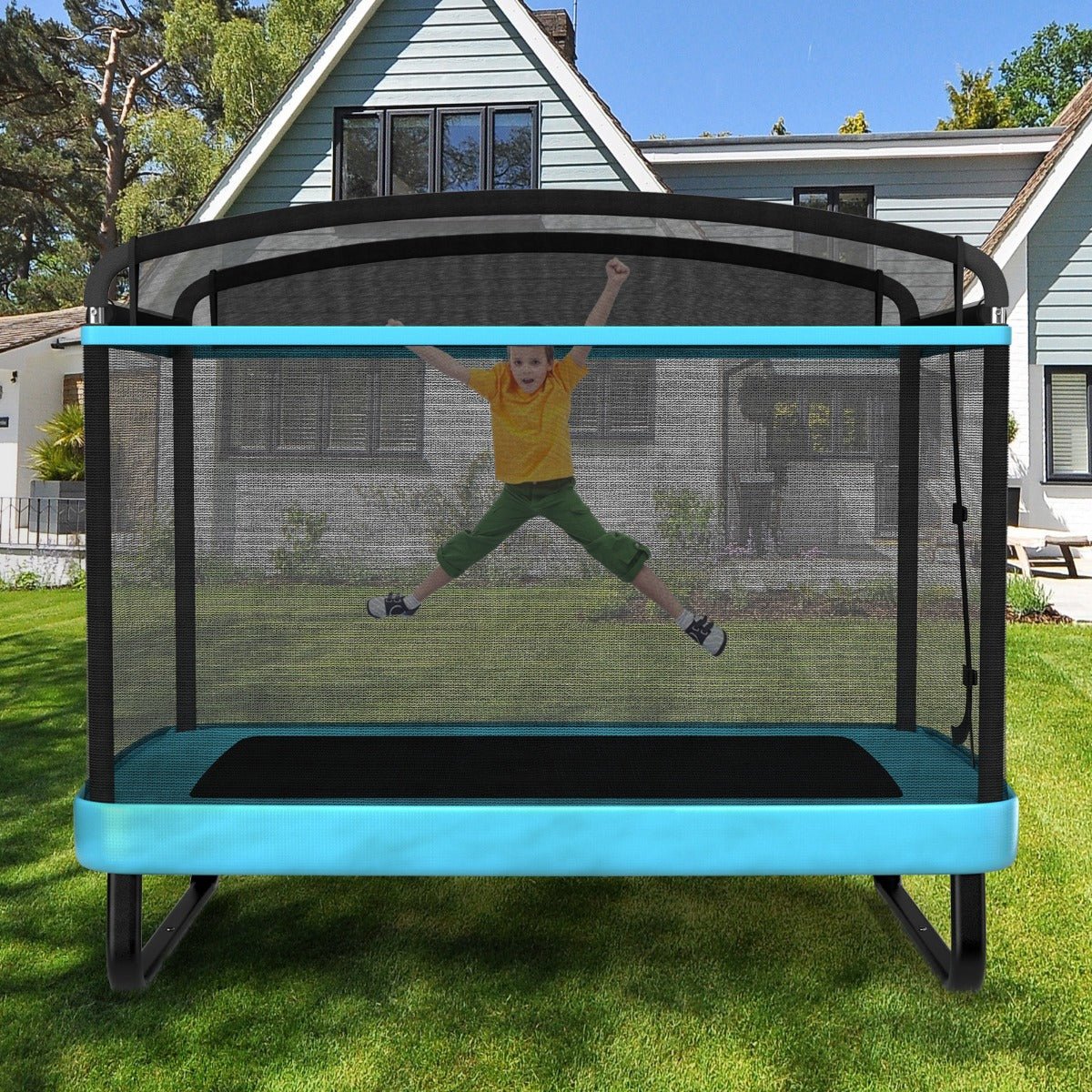 Bouncing Joy: Sturdy Recreational Trampoline with Swing for Kids Blue
