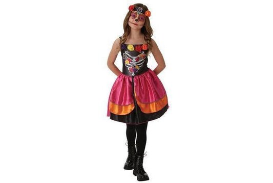 Colorful Day of the Dead sugar skull costume for kids, perfect for Halloween dress-up.