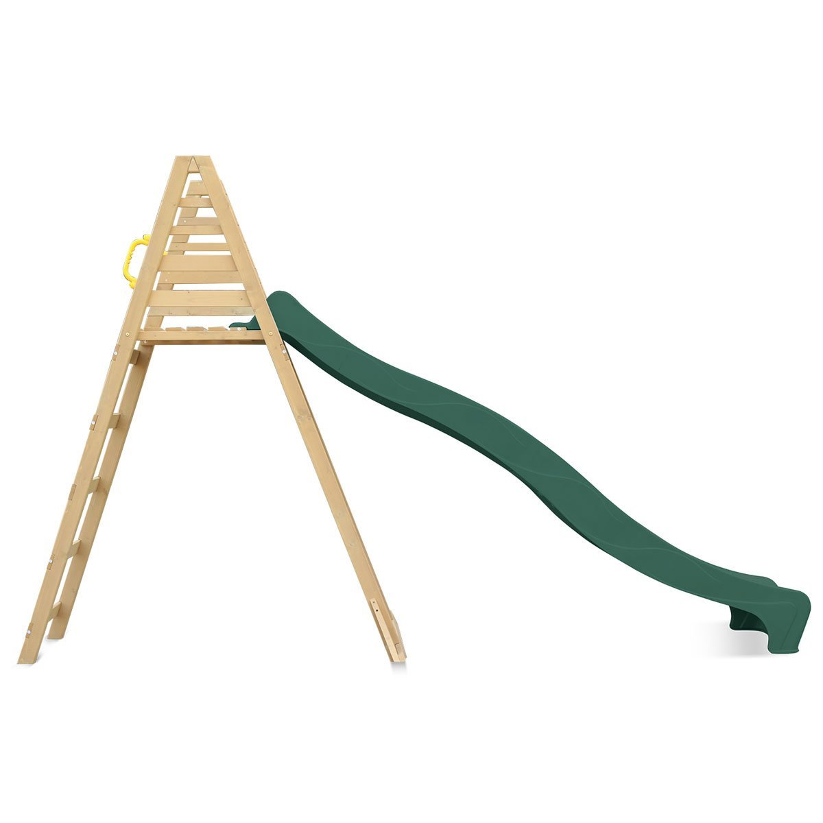 Green sunshine slide with sturdy wood ladder
