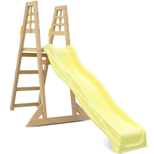 Yellow wooden climb and slide set for kids, 2.2m long, by Lifespan Kids. Perfect backyard fun.