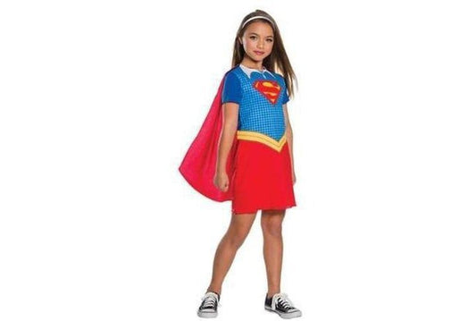 Supergirl costume for girls from DC Comics, ideal for kids imaginative play at home.