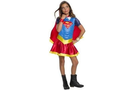 Supergirl hooded dress costume with cape for kids, perfect for imaginative play at home.