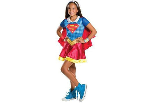 Supergirl DC Comics classic costume features iconic printed design for childrens dress-up at home.