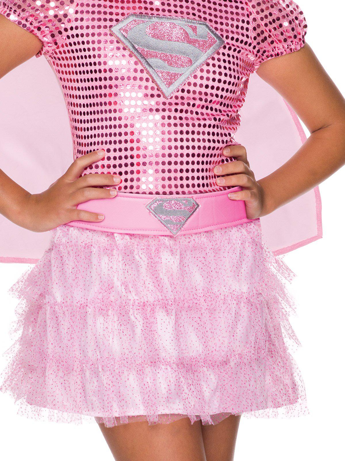 Supergirl pink sequin costume dress set for kids, perfect for imaginative play at home.