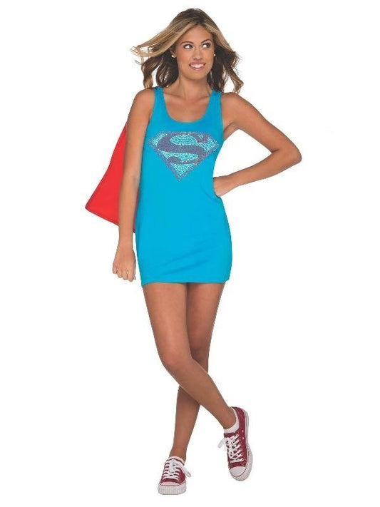 DC Comics Supergirl tank dress with detachable cape for teens and adults costume.
