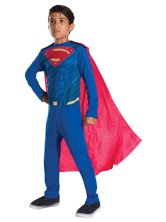 Superman costume for kids featuring detachable cape, ideal for imaginative play at home.