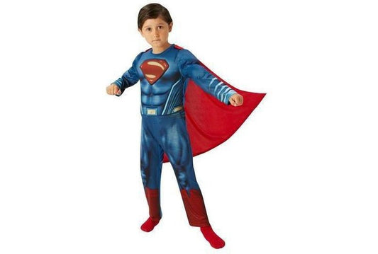 Kids Superman costume with muscle chest design, perfect for dress-up play at home.