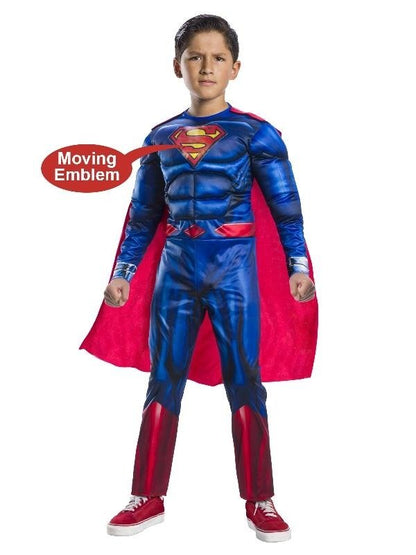 Kids Superman costume with 3D emblem for imaginative play at home, ages 3-5.