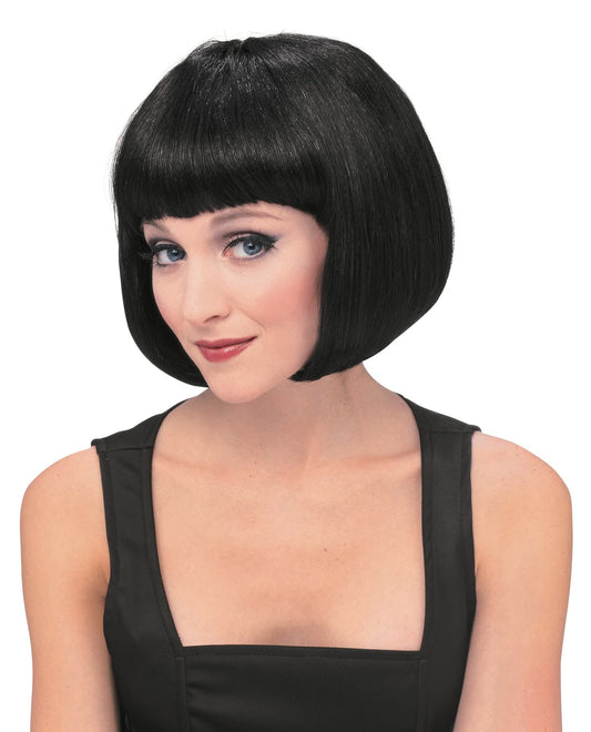 Short black bob wig for adult costumes, perfect for kids dress-up at home.