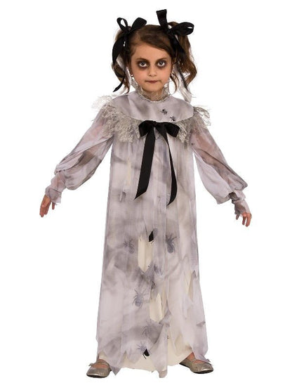 Childs Halloween costume of a spooky nightgown girl for fun home play.