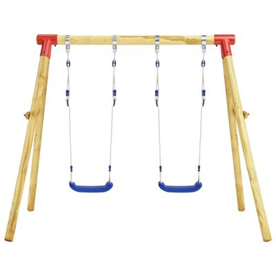 Kids Pinewood Double Swing Set for outdoor play, sturdy construction for endless backyard fun.