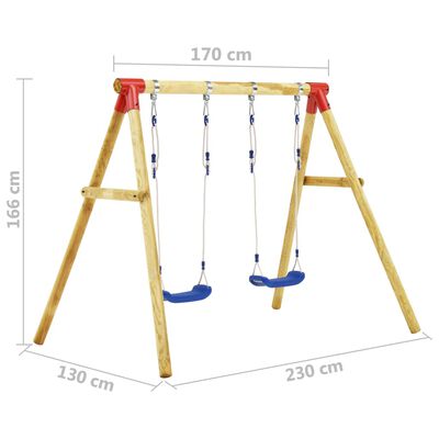 Pinewood double swing set with outdoor play equipment for kids, perfect for backyard fun.