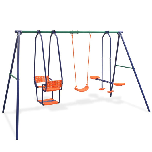 Orange 5-Seat Swing Set with Face-to-Face Glider, perfect for backyard fun and playtime.