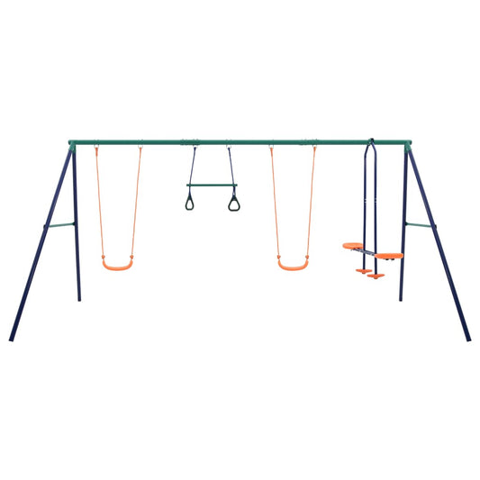 Colorful outdoor swing set with glider and gymnastic rings for active backyard fun.