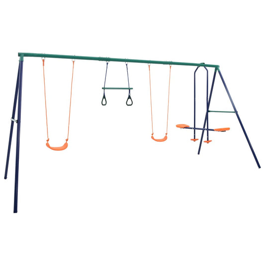 Colorful Outdoor Swing Set with Glider and Rings for backyard fun and exercise.