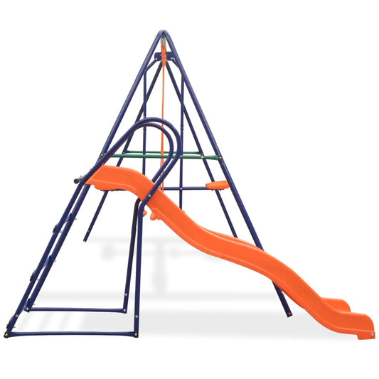 Colorful outdoor swing set with slide, perfect for kids backyard playground fun.