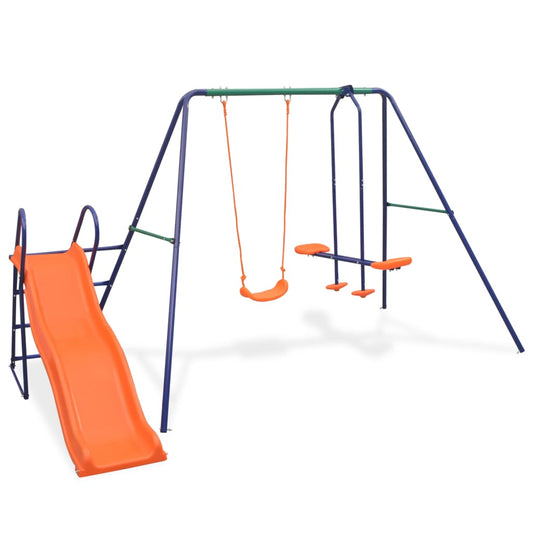 Multi-color outdoor swing set with slide, perfect playground equipment for kids backyard fun.