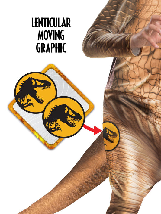 Jurassic World T Rex Kids Costume with Mask and Stuffable Tail, ideal for imaginative play at home.