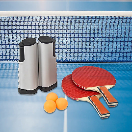 Portable indoor table tennis game set for kids, with extendable design for easy travel.