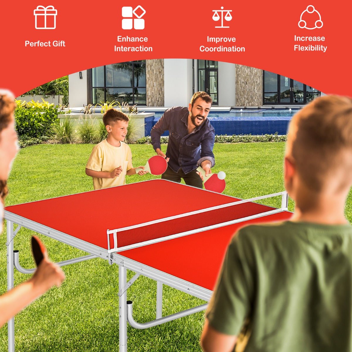 Engaging Family Time: Red Foldable Table Tennis Set with Paddles and Balls