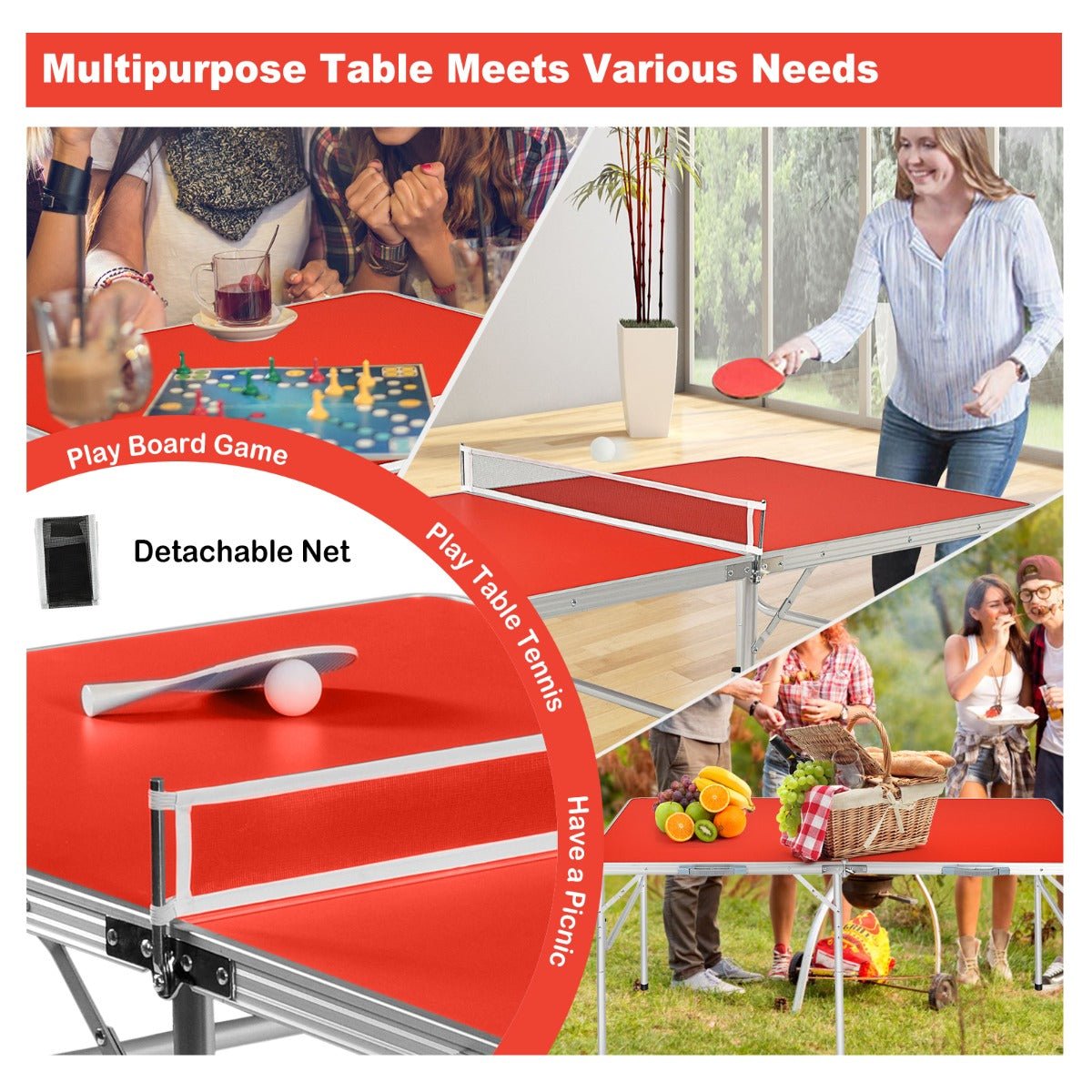 Portable Table Tennis Fun: Red Folding Table with Paddles and Balls