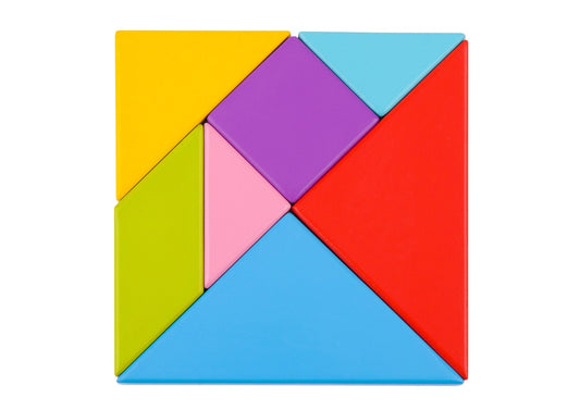 Wooden tangram puzzle for kids, promoting creativity and problem-solving skills at home.