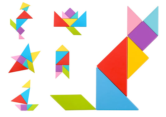 Wooden tangram puzzle set for childrens play, promoting creativity and problem-solving skills at home.