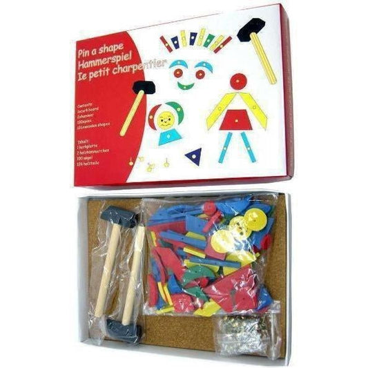 Wooden shape set with hammer and nails for creative DIY play at home.