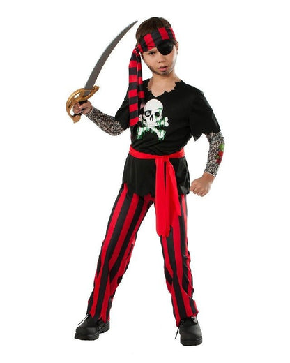 Kids Pirate Costume Set with Tattoos, Eye Patch, and Sword for imaginative play at home.