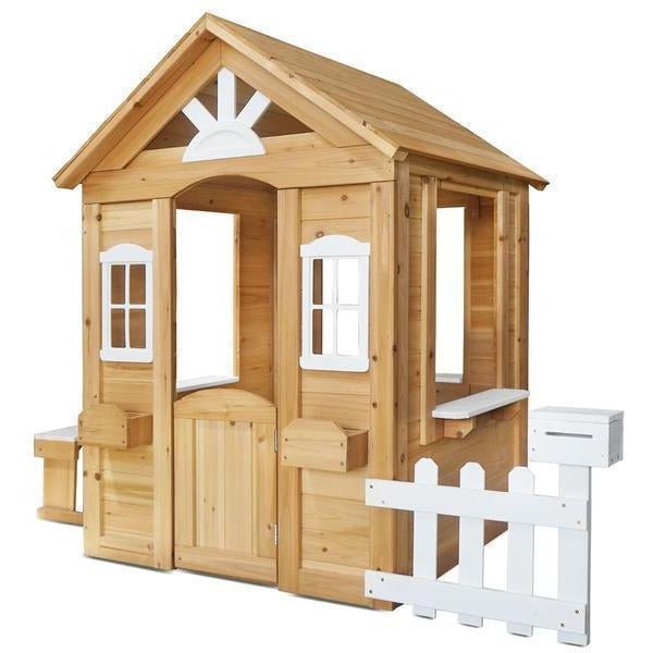 Lifespan Kids Teddy Cubby House | Natural Timber Outdoor Playhouse with Picket Fence, perfect for children.