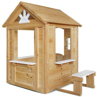 Lifespan Kids Teddy Cubby House in natural timber with picket fence for outdoor play.