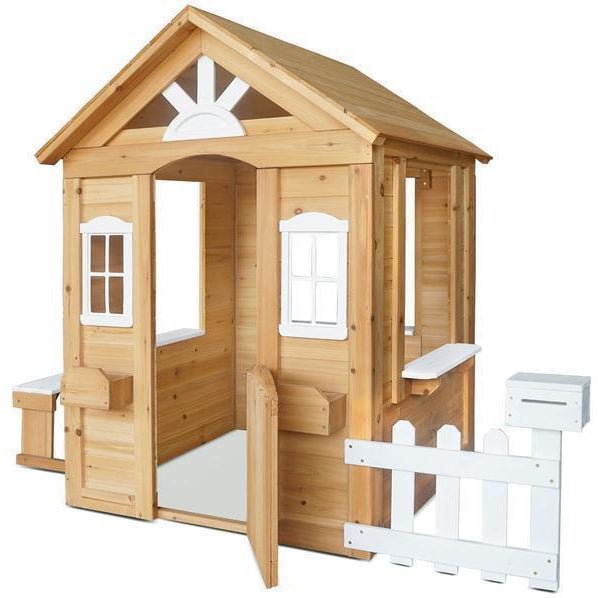 Lifespan Kids Teddy Cubby House - Natural Timber Outdoor Playhouse with Picket Fence for imaginative play.