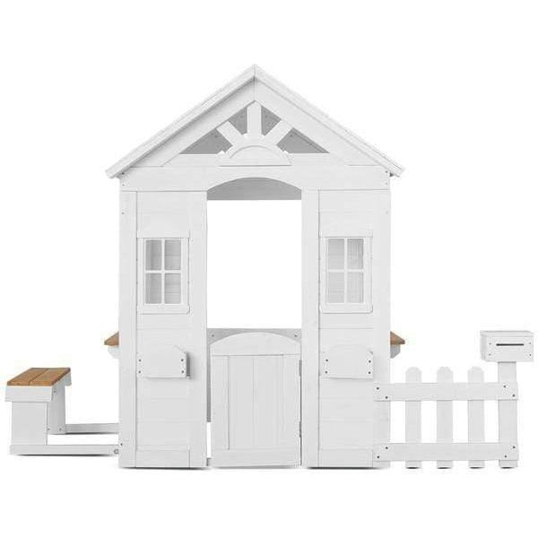 Teddy Wooden Cubby House in white with picket fence - ideal outdoor playhouse for kids