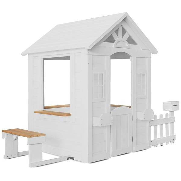 White wooden cubby house with picket fence for outdoor play, ideal for childrens backyard.