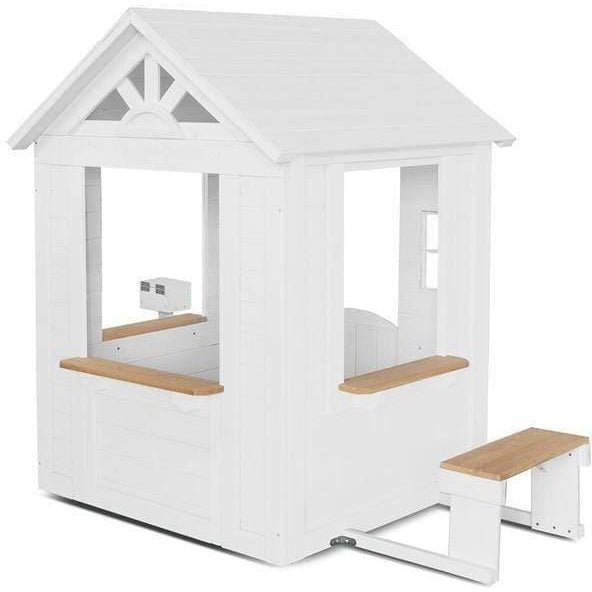 White wooden cubby house with picket fence, ideal for childrens outdoor playtime.