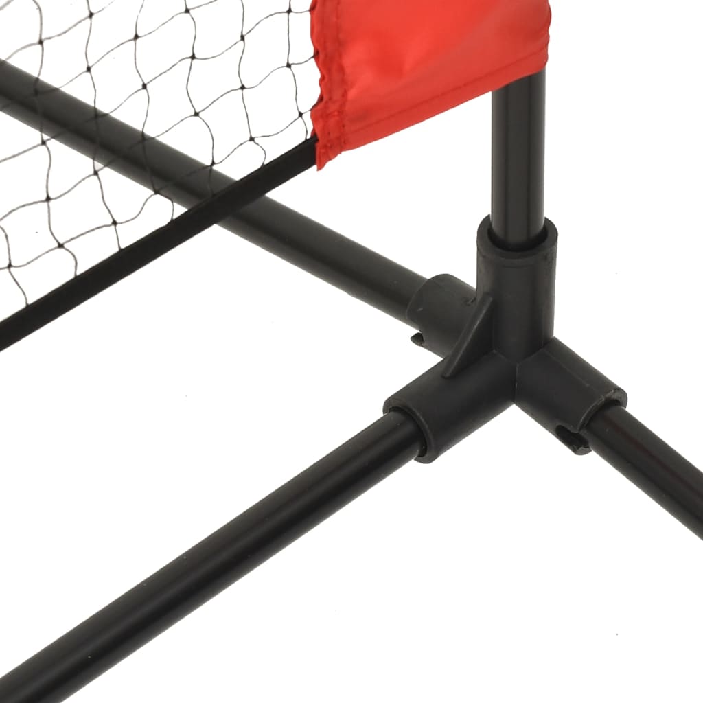 Kid-friendly portable tennis net in red and black, ideal for backyard practice.