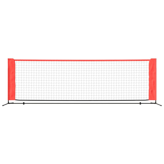 Portable 300cm tennis net in playful red and black for kids backyard practice.