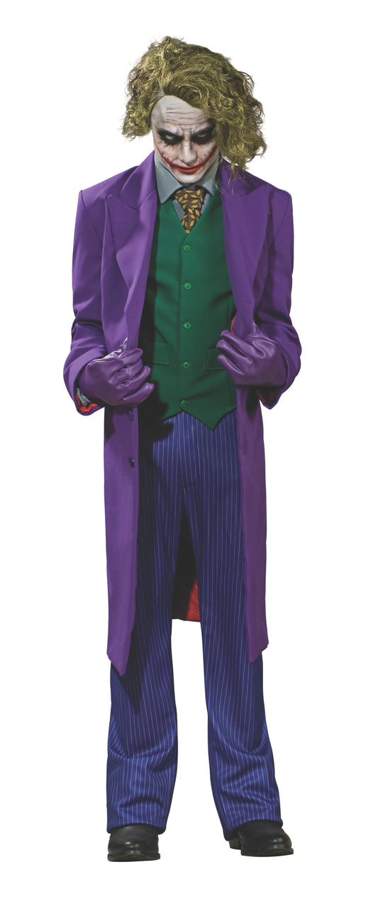 DC Comics Joker Adult Costume Set with Wig and Makeup for home dress-up fun.