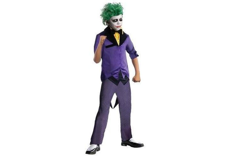 Childs official DC Comics Joker Costume for Halloween with iconic purple suit and green hair.