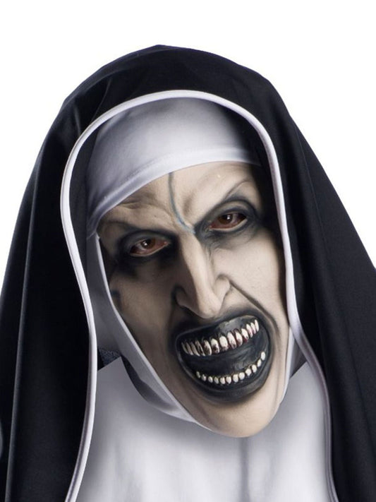 Warner Bros Official The Nun Adult 3/4 Mask with Headpiece featuring creepy Halloween costume.